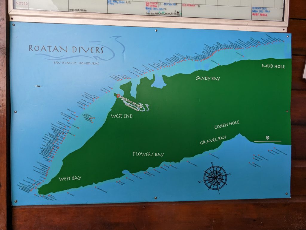 All the dive sites around Roatan.